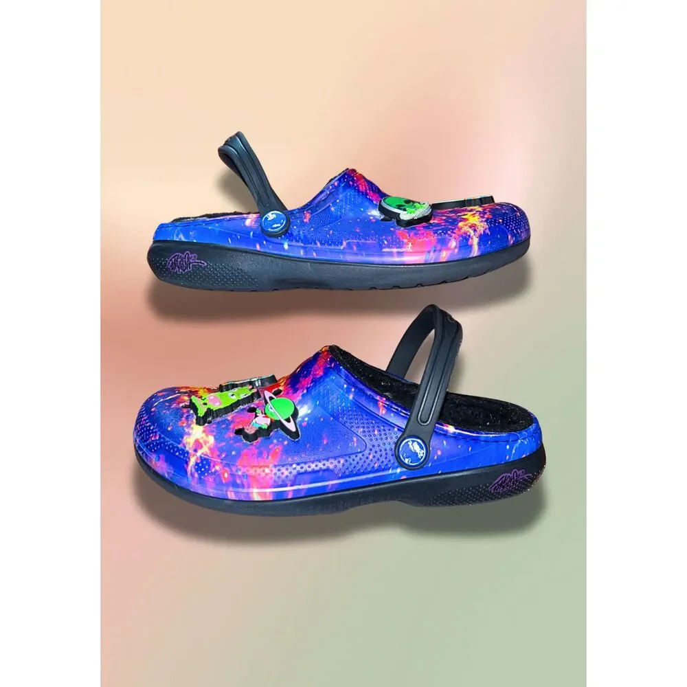 Crocs Classic Lined Galaxy Space Alien Clogs Kids J5 Blue Purple Black w Jibbitz